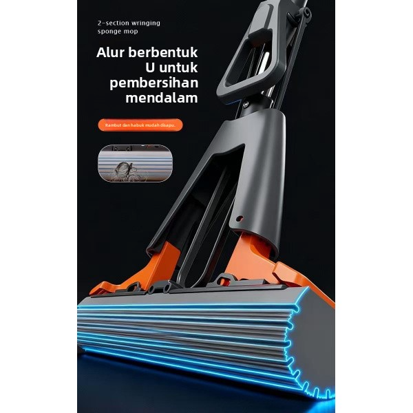 Self-Wringing Sponge Mop, 2-Section Squeeze Design with U-Shaped Grooved Sponge Head for Deep Cleaning