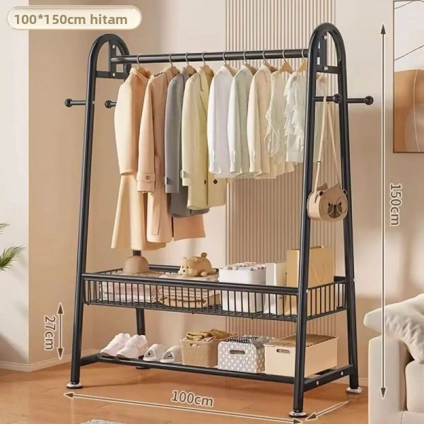 Freestanding Garment Rack with Storage Basket, Heavy Duty Metal Clothes Rack with Double Hanging Rods