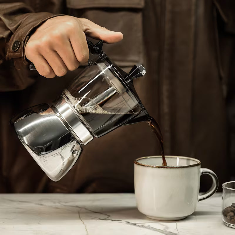 transparent tabletop espresso maker, stainless steel moka pot