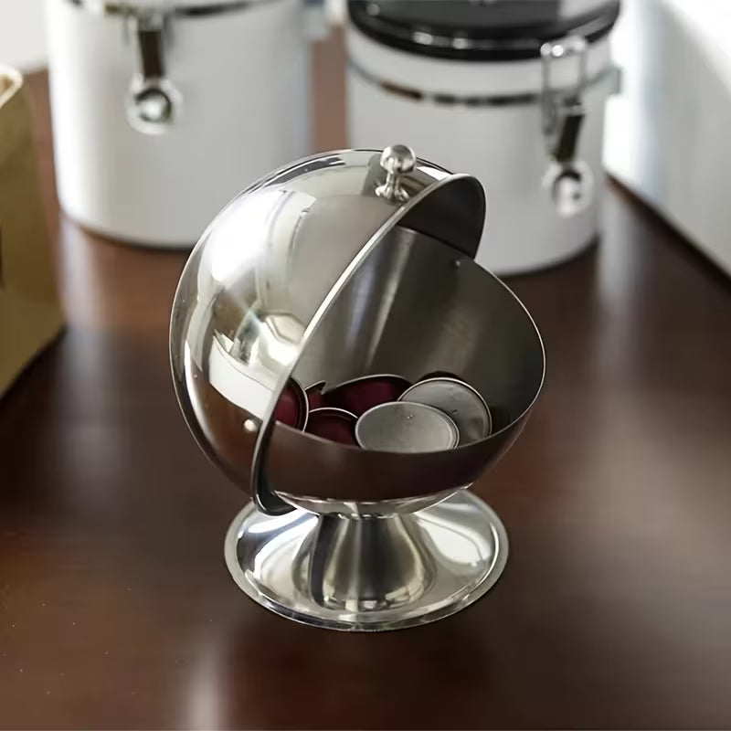 1pc FARIDABIO Stainless Steel Sphere Storage Jar - Space-Saving Organizer with Flip-Top Lid, Food-Safe Desktop Container for Kitchen